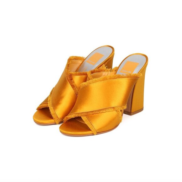 Dolce Vita Block Heel Sandals 9.5 Henry Raw Fringe Saffron Satin Mules - Picture 1 of 10